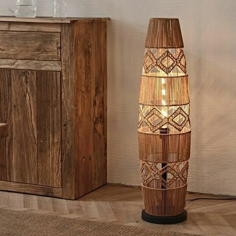 

wabi-**** retro wind hemp rope new Chinese zen floor lamp tea room study atmosphere rattan lantern floor lamp next to sofa