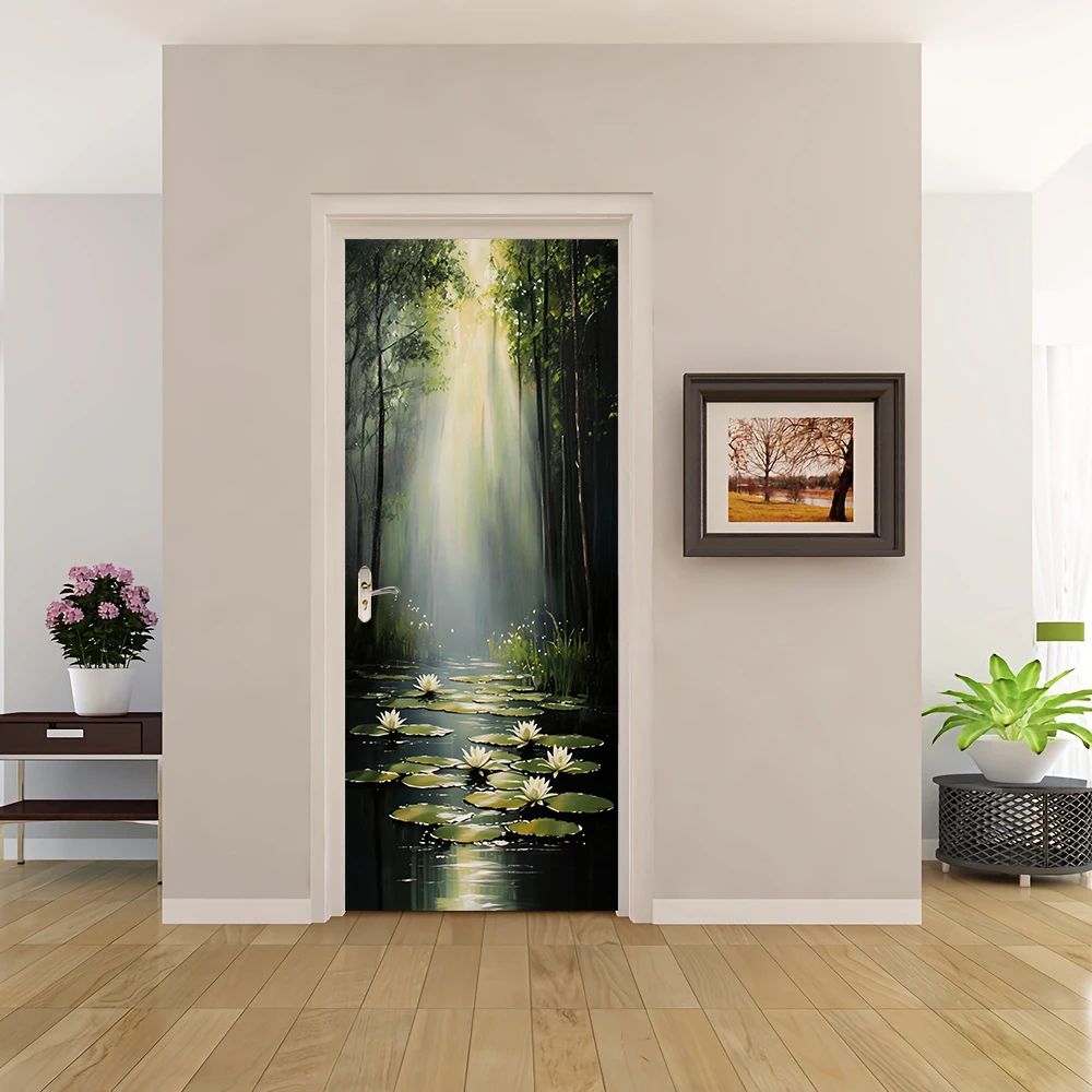 1pcs Forest Lake Light Door Sticker uses high-definition printing technology to present a tranquil natural landscape. Sunlight p