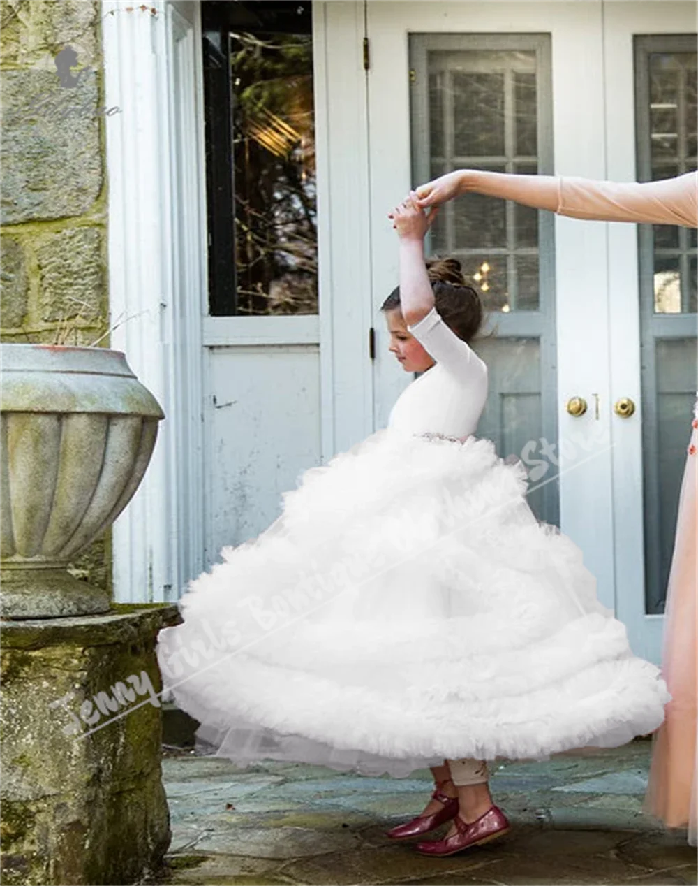 Pink Cute Flower Girl Dress With Puffy Ruffled Hem Princess Party Half-Sleeve First Communion Wedding Dinner Dress