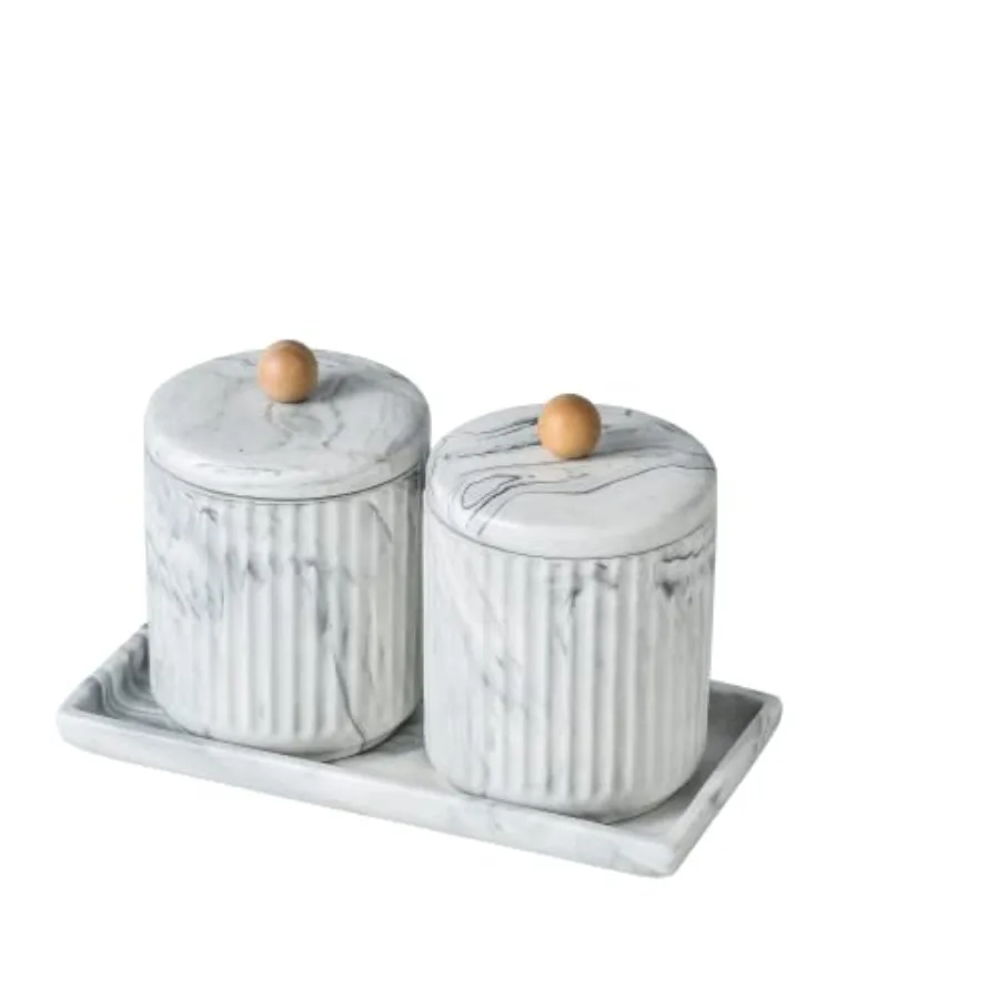 

Small Bathroom Jar Set Ceramic Cotton Swabs Holder with Lid and Dresser Organizer Set Tray for Storage and Organizing in Bathro