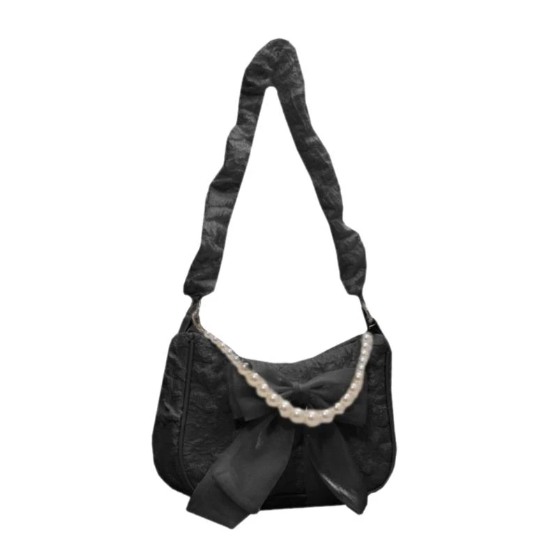 

G5AE Fashionable Nylon Shoulder Bag Female Purse with Vintage Lace Designs Bow Designs Underarm Bag Stylish for Women Girls