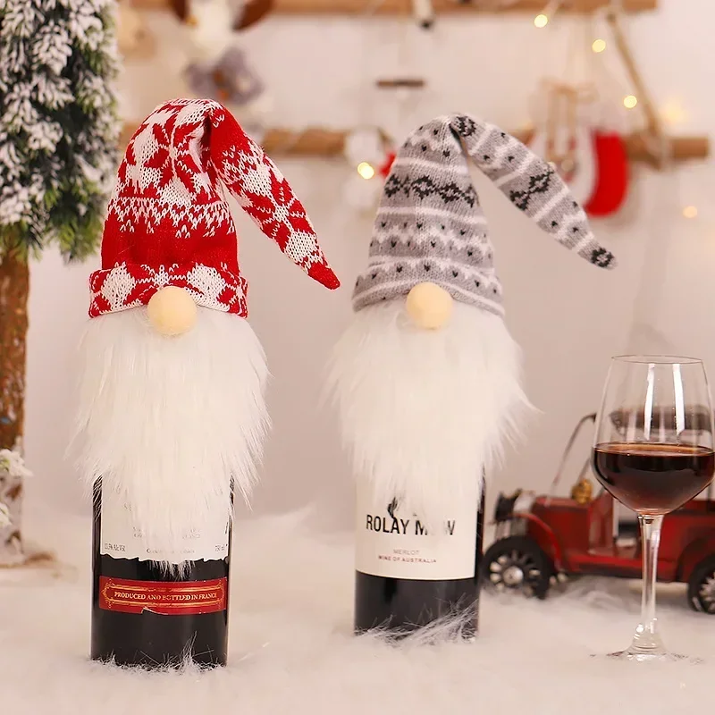 Christmas Dining Table Decorations Faceless Elderly Knitted Wool Dress Up Wine Bottle Cover Xmas Gift Happy New Year Navidad