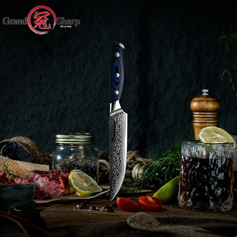 Damascus Steak Knife Chef Kitchen Tools VG10 Japanese Stainless Steel Utility Tomato Gadgets Blue G10 Handle Slicing Cutlery