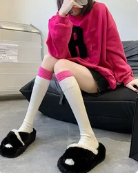 INS Fashion Ribbed Splicing Pure White Color Knee Socks Stockings for Women Lady Knee Length High JK Cotton Socks Pile Up Socks