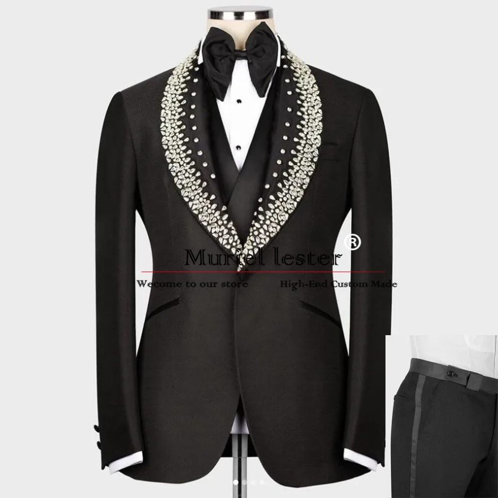 

Elegant Black Men's Tuxedos Bespoke Sliver Beaded Gem Lapel Jacket Vest Pants 3 Pieces Formal Man Wedding Blazer Business Suits