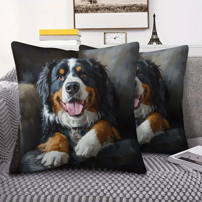 Modern Bernese Mountain Dog Pillow Cover with Realistic Berner Dog Face Design, Zipper Closure for Home, Office, Car Decor