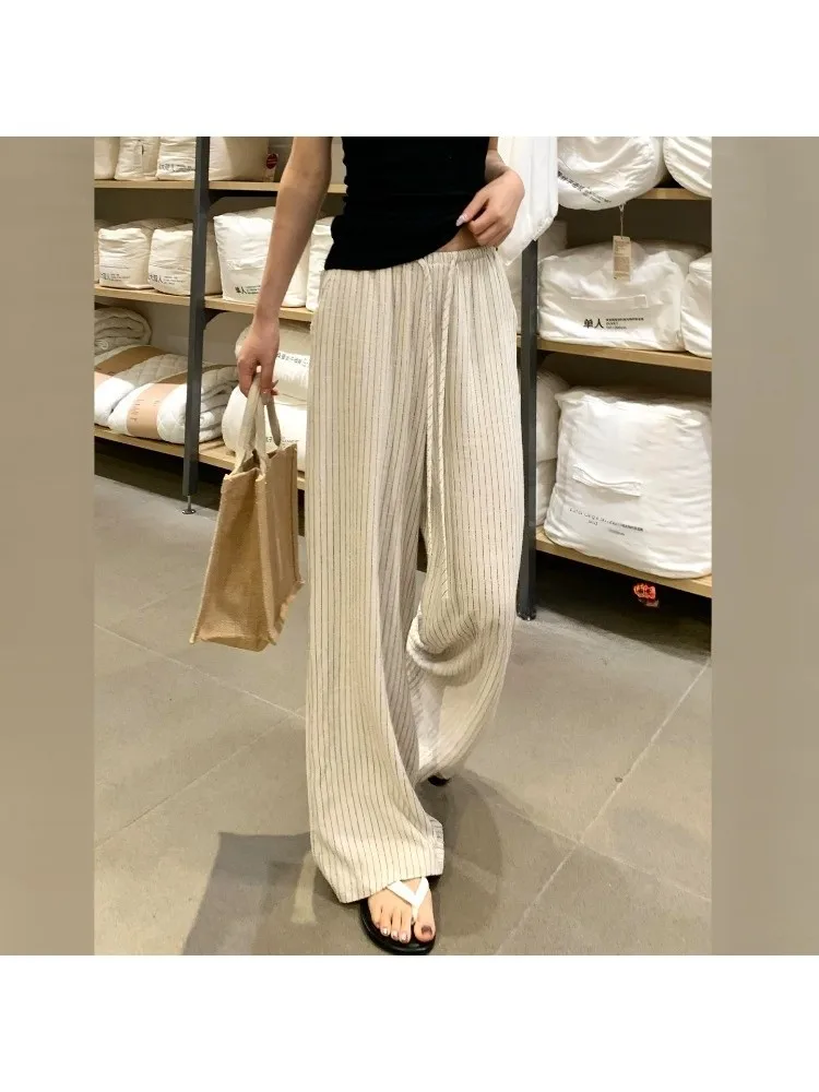

plus Size Women's Ice Silk Linen Stripe Wide Leg Pants Summer Thin Casual Drapey Cotton Linen Trousers High Waist Straight Leg