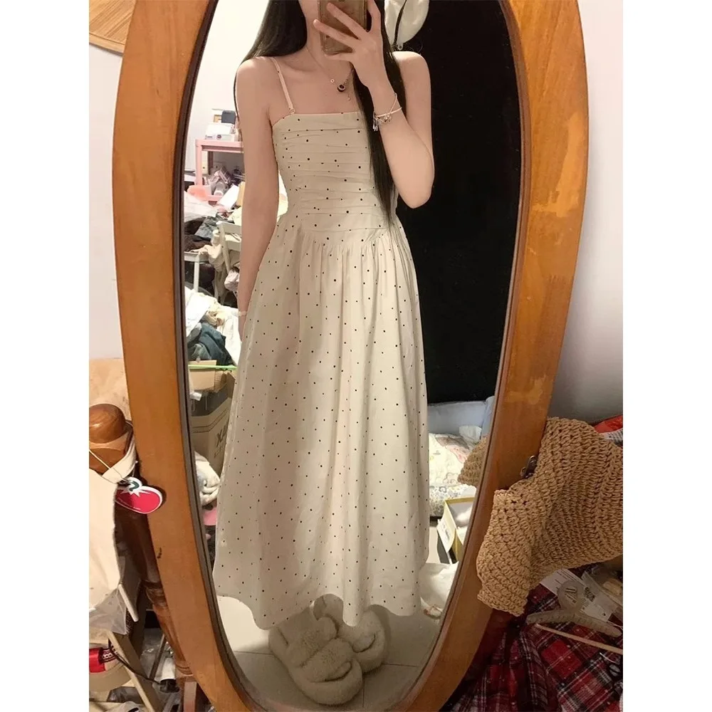 Vestido de lunares con tirantes para mujer, falda larga ajustada que abraza la cintura, primavera 2025