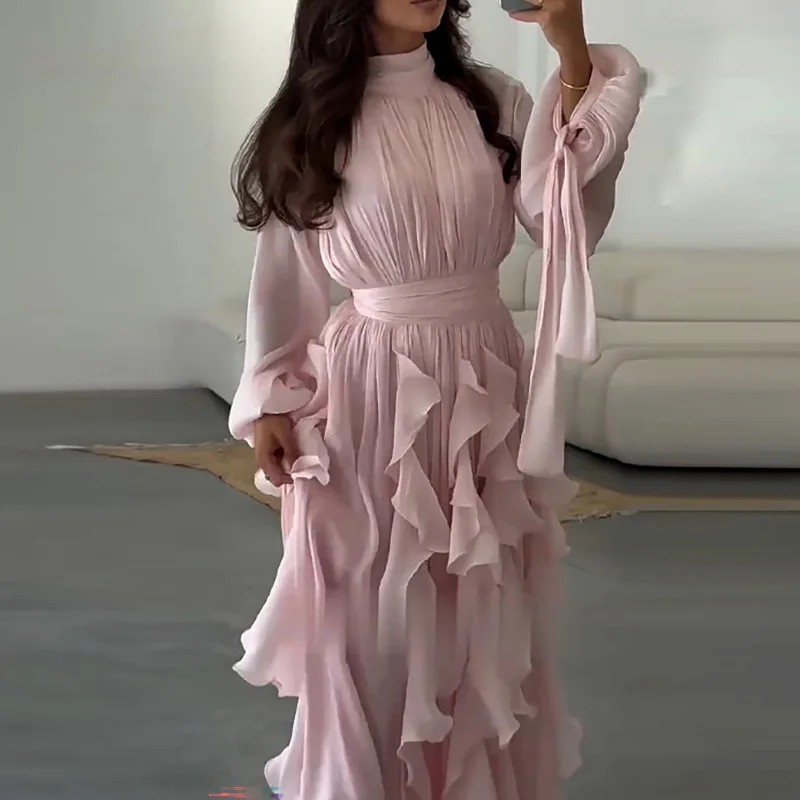 Senhora casual gola alta em camadas vestido de banquete elegante manga longa cor sólida vestido de noite moda cintura alta plissado vestido de festa