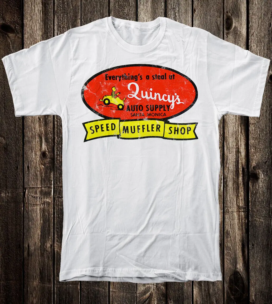 Retro Hot Rod Tee T Shirt Quincy's Auto Supply Muffler Speed Shop Drag Race