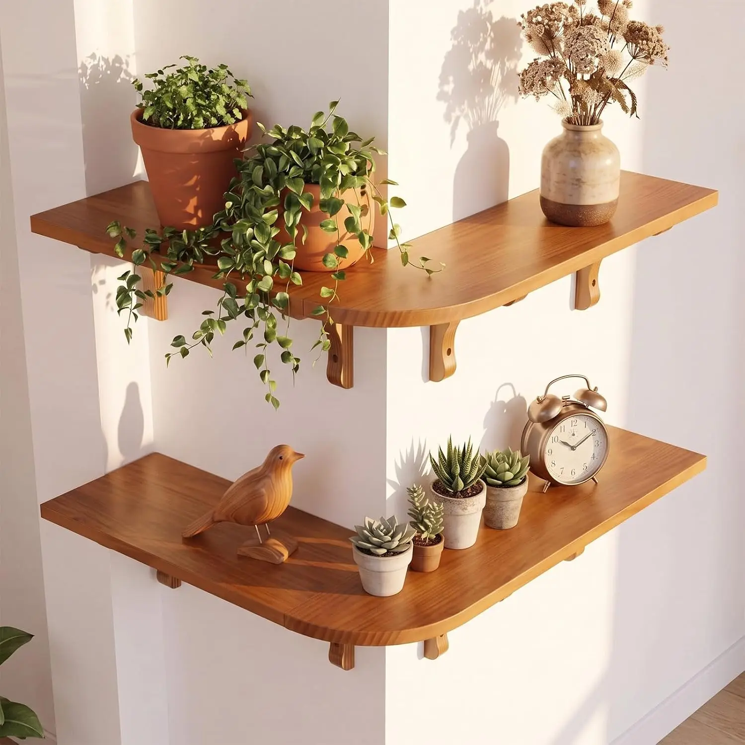 Set of 2 Rustic Wood Floating Corner Shelves, Large L-Shaped Wrap-Around Wall-Mounted Display Storage Racks & Bookshelf for Living Room, Bedroom & Kitchen, Easy Assembly