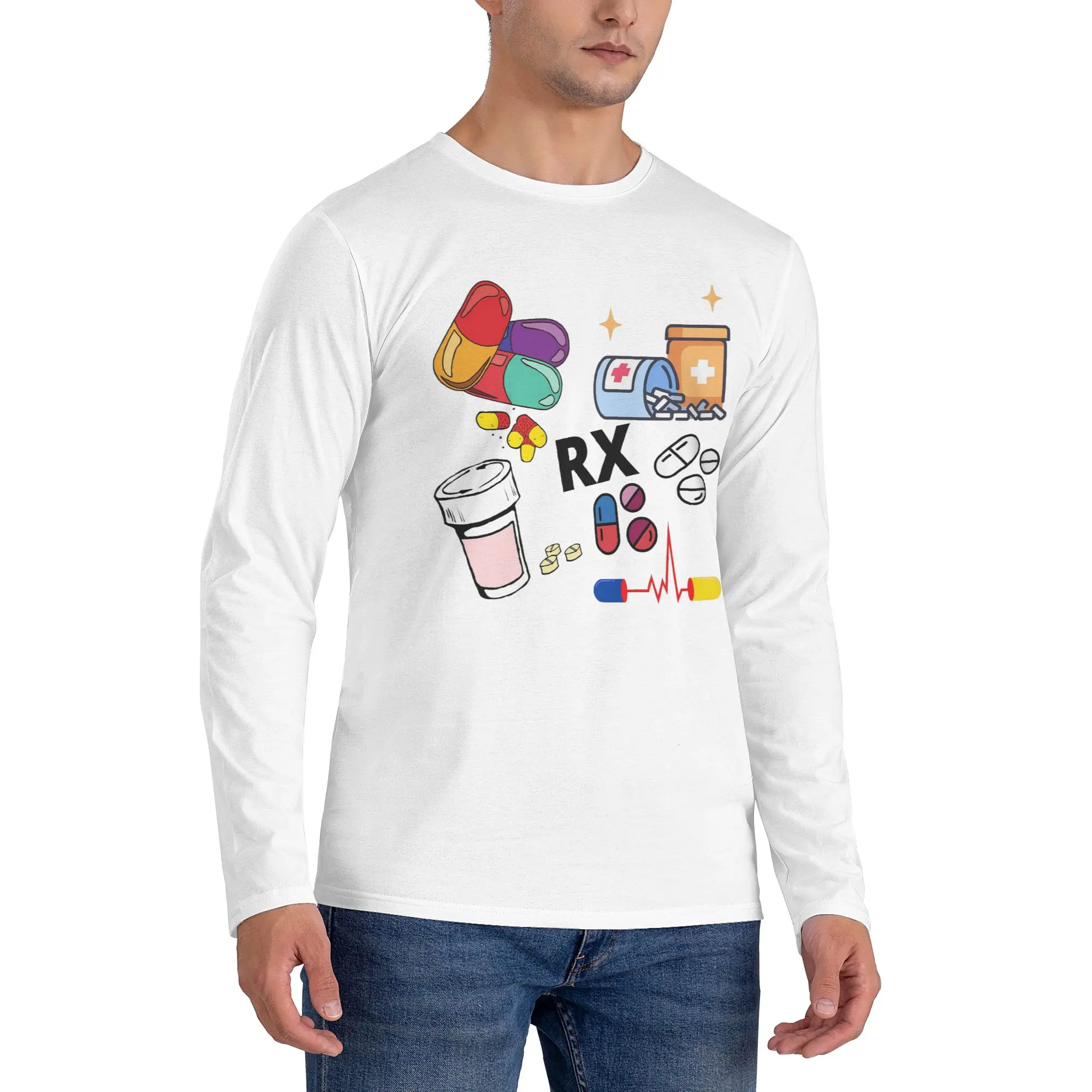 

Мужская футболка с длинными рукавами с аптечным узором Pills RX, модные футболки с круглым вырезом, весенне-осенние мужские топы