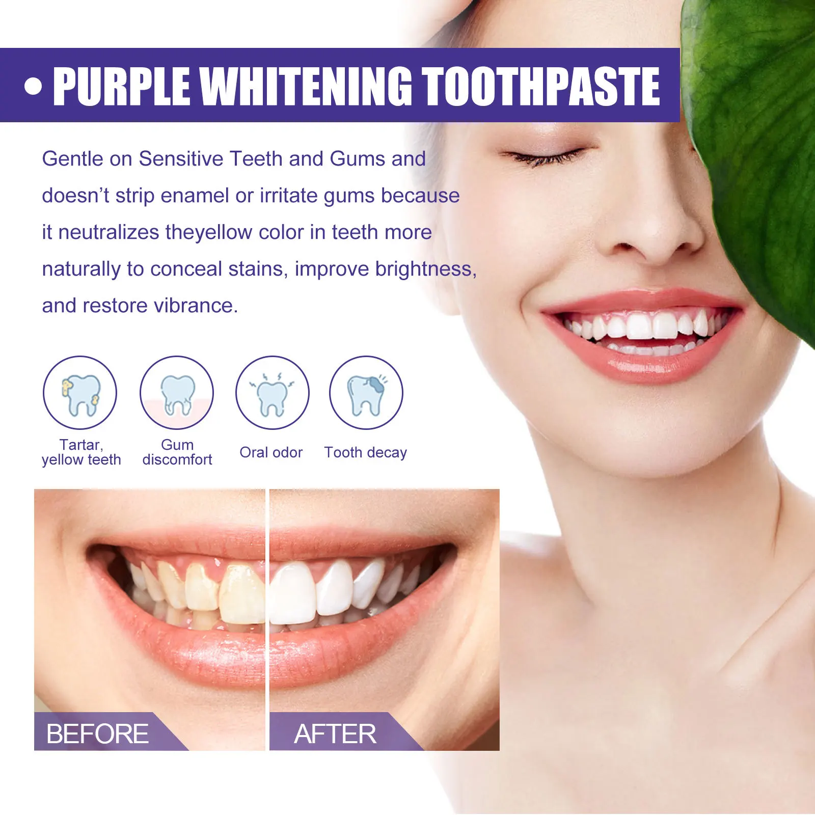 Purple Toothpaste Teeth Whitening Remove Yellow Stains Fights Tartar Fresh Breath Oral Hygiene Teeth Care Cleaning Toothpaste