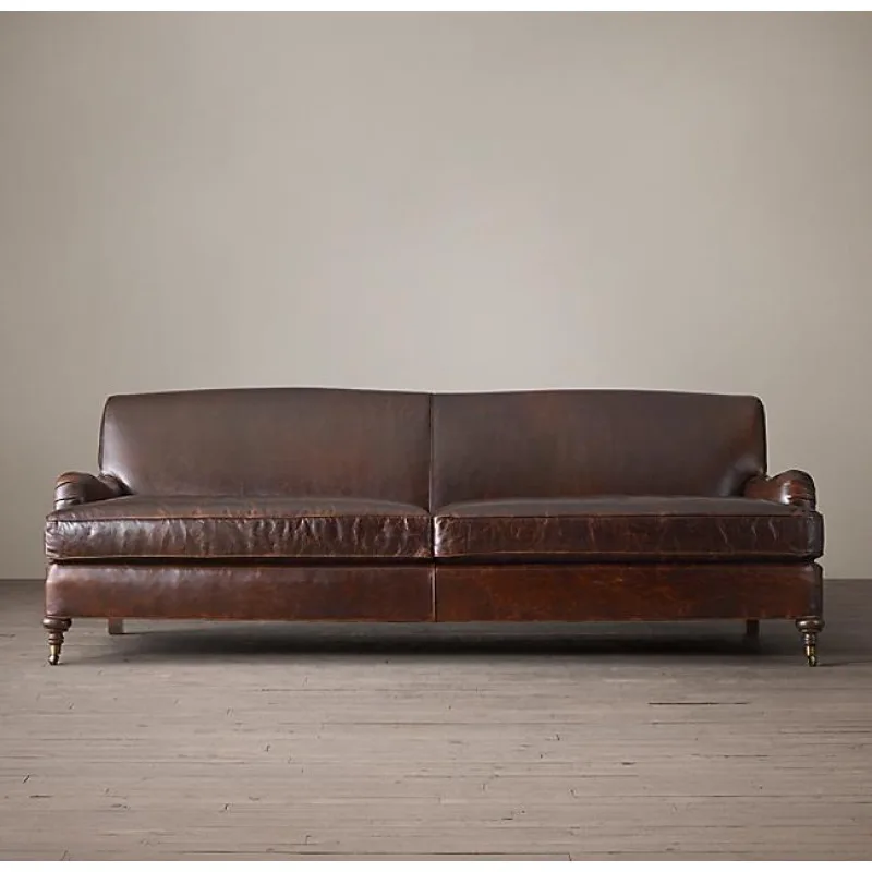 Retro industrial style office oil wax leather single sofa American brown old simple leather art living room combination sofa
