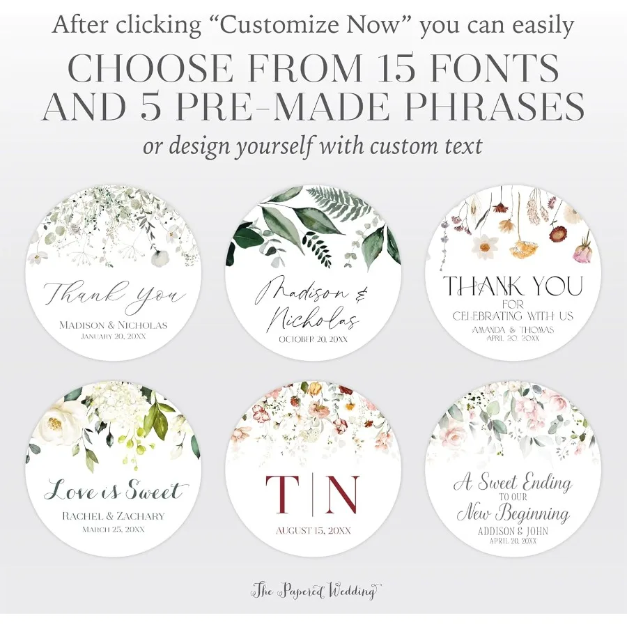 ملصقات زفاف زهرية مخصصة مع اختيارك من 30 أنماط زهرة - قم بتخصيص الخط واختيار واحد من خمسة فرا مسبقة الصنع #5