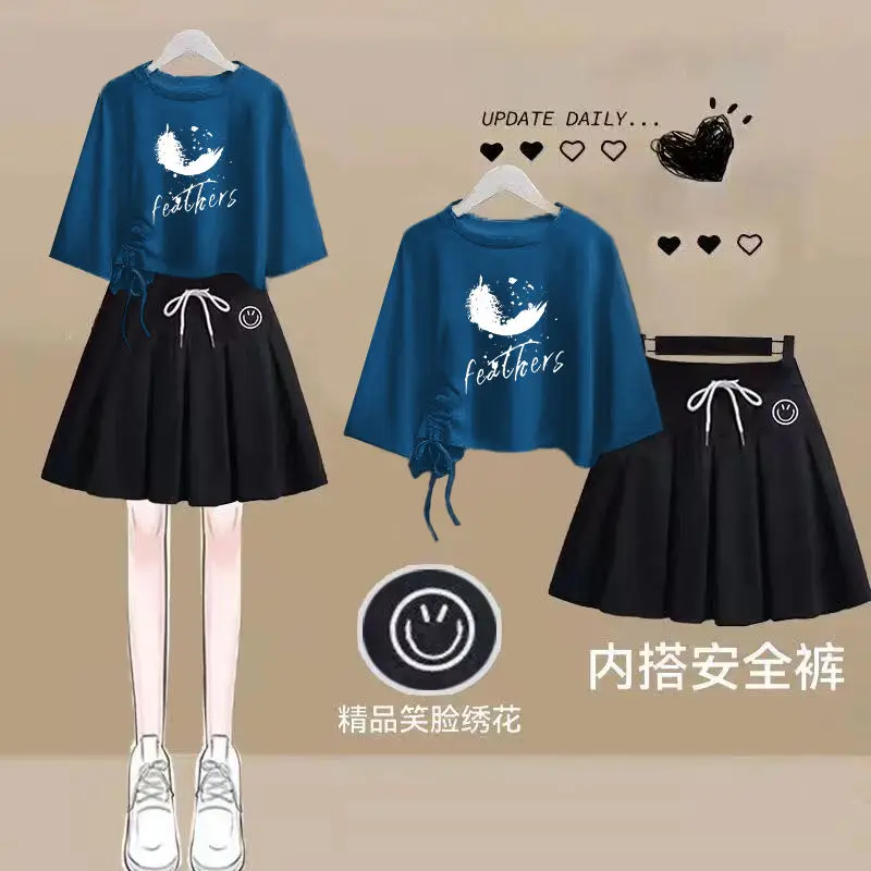 

Skirt Outfits 2 Piece Sets Summer Women Clothing Print Top A-line Mini Skirts Suit Chic Sweet Cute Set