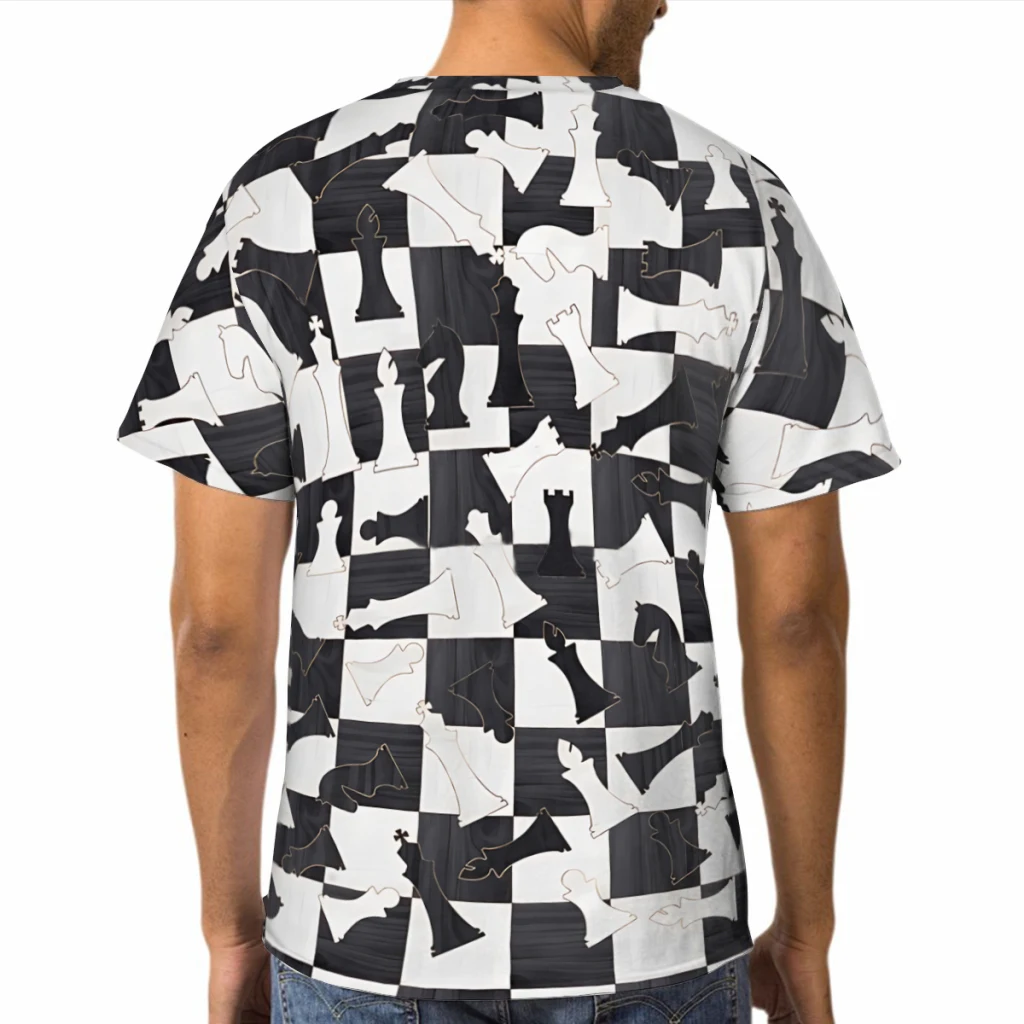 Chess Figures Pattern Wood Black and White Polyester 3D Print Chess Design Men's T Shirt Outdoor Sports Clothes Street Tees