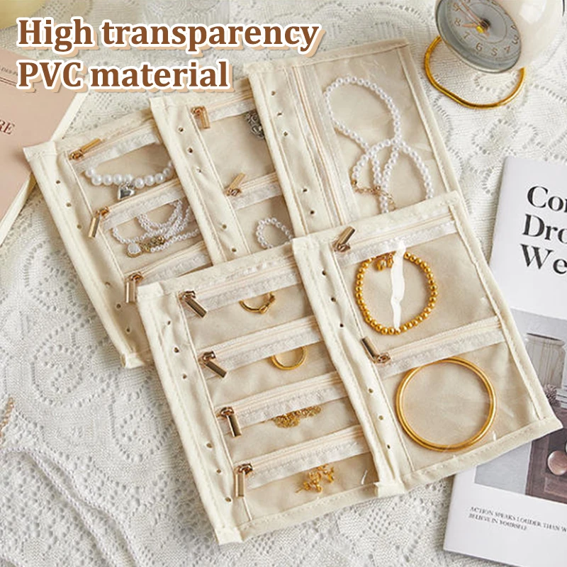 كتاب تخزين المجوهرات مع حقيبة بسحاب شفاف وقلادة وخاتم وحقيبة تخزين فاخرة من جلد الغزال وجيوب بنمط الورد