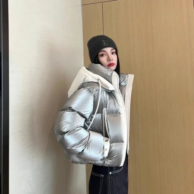 Leave-in Mechanical Silver Gray Short Down Cotton Clothes 2026 New Fashion Trend Removable Hat Thickened Bread Clothes Parkas