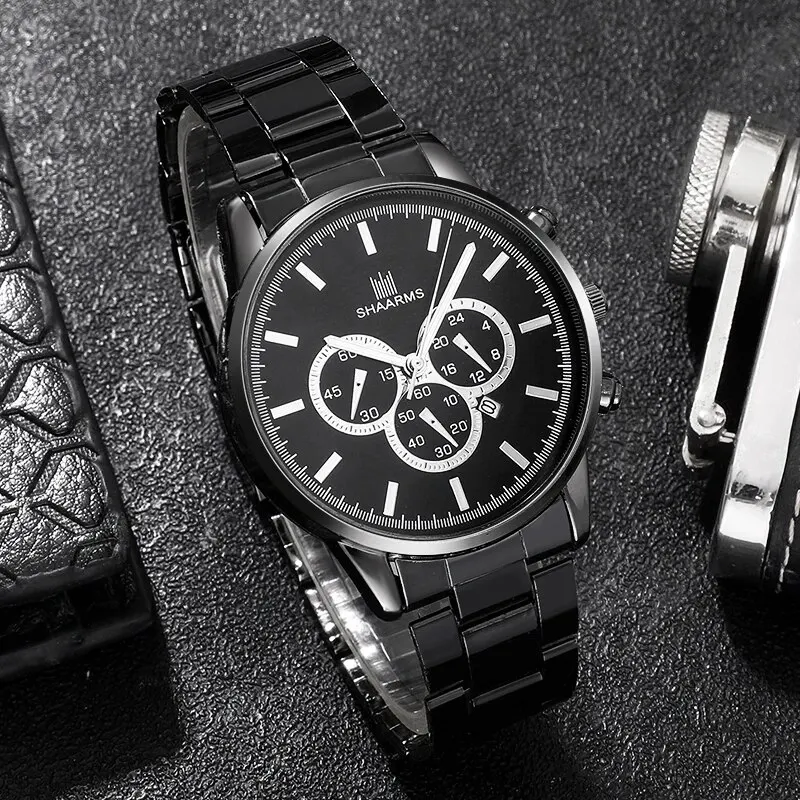 3PCS Men Black Watch Stainless Steel Calendar Watches Simple Casual Men Business Quartz Wristwatch Relogio Masculino