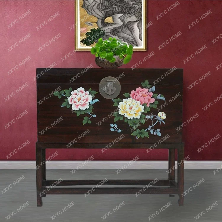 Classical furniture painted decoration insect-proof painting and calligraphy bedside table storage camphor wood dowry box