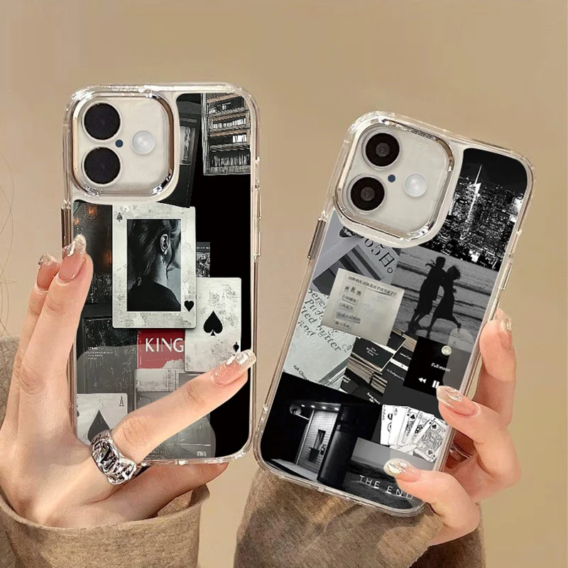 Luxury Black White Spliced Pictures Case For iPhone 15 Pro Max 11 12 13 14 16 Pro Max Coque Plating Lens Frame Silicone Cover