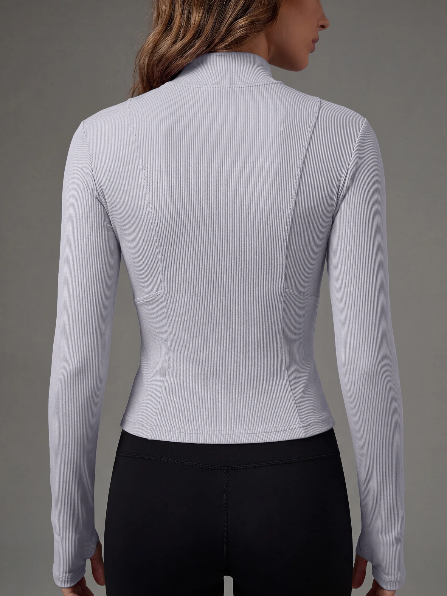 Women Long Sleeve Stand Collar Zip Up Outerwear Ribbed Slim Fit Cropped Casual Street Style Top
