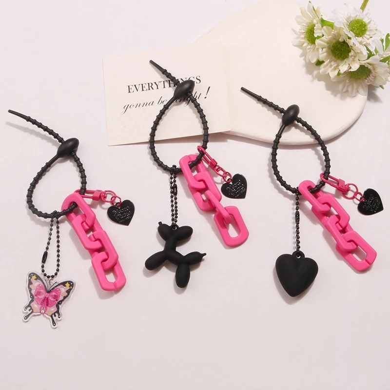 INS Punk Cute Balloon Dog Resin Key Chain Cartoon PU Black Heart Chains Keyring Car Bag Phone Pendant Keychain for Women Couple