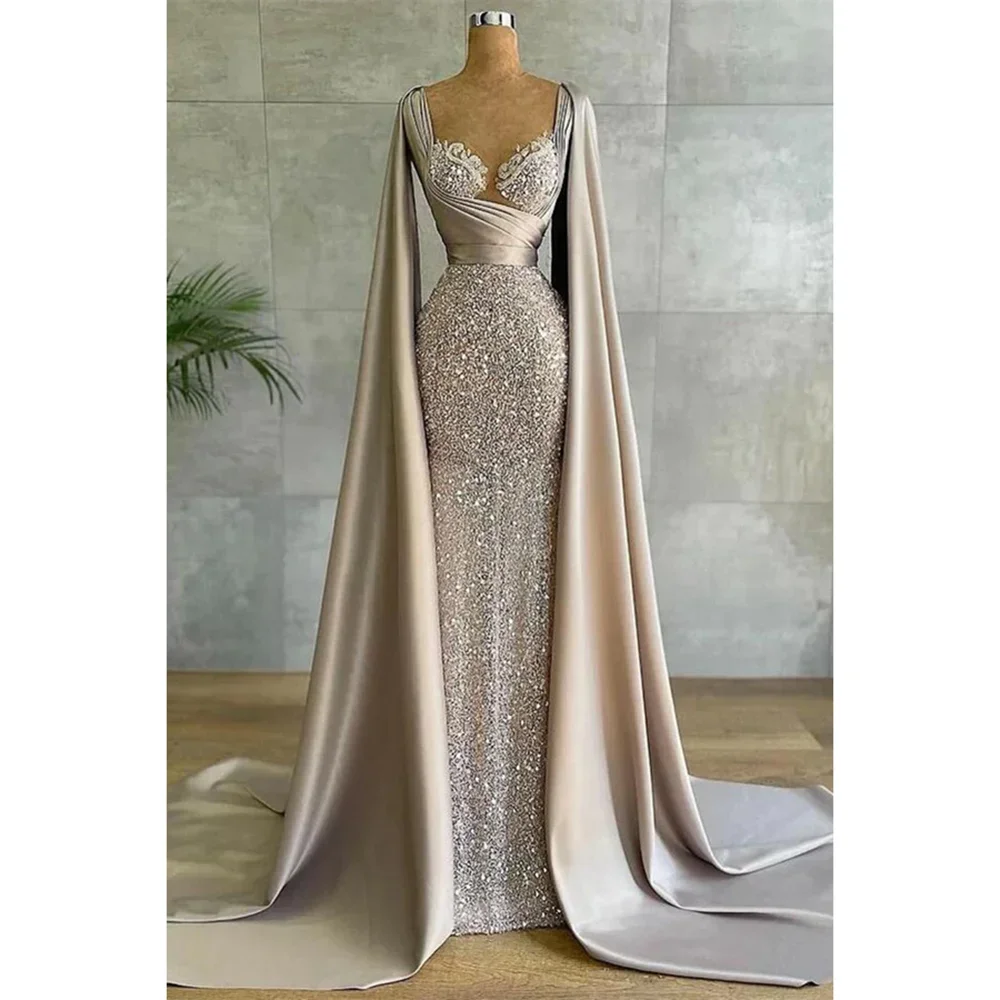 

Stunning Sequined Prom Dress Fashion Sweetheart Beading Floor Length Sweep Train Party Gowns Evening Dress with Cape Sleeves