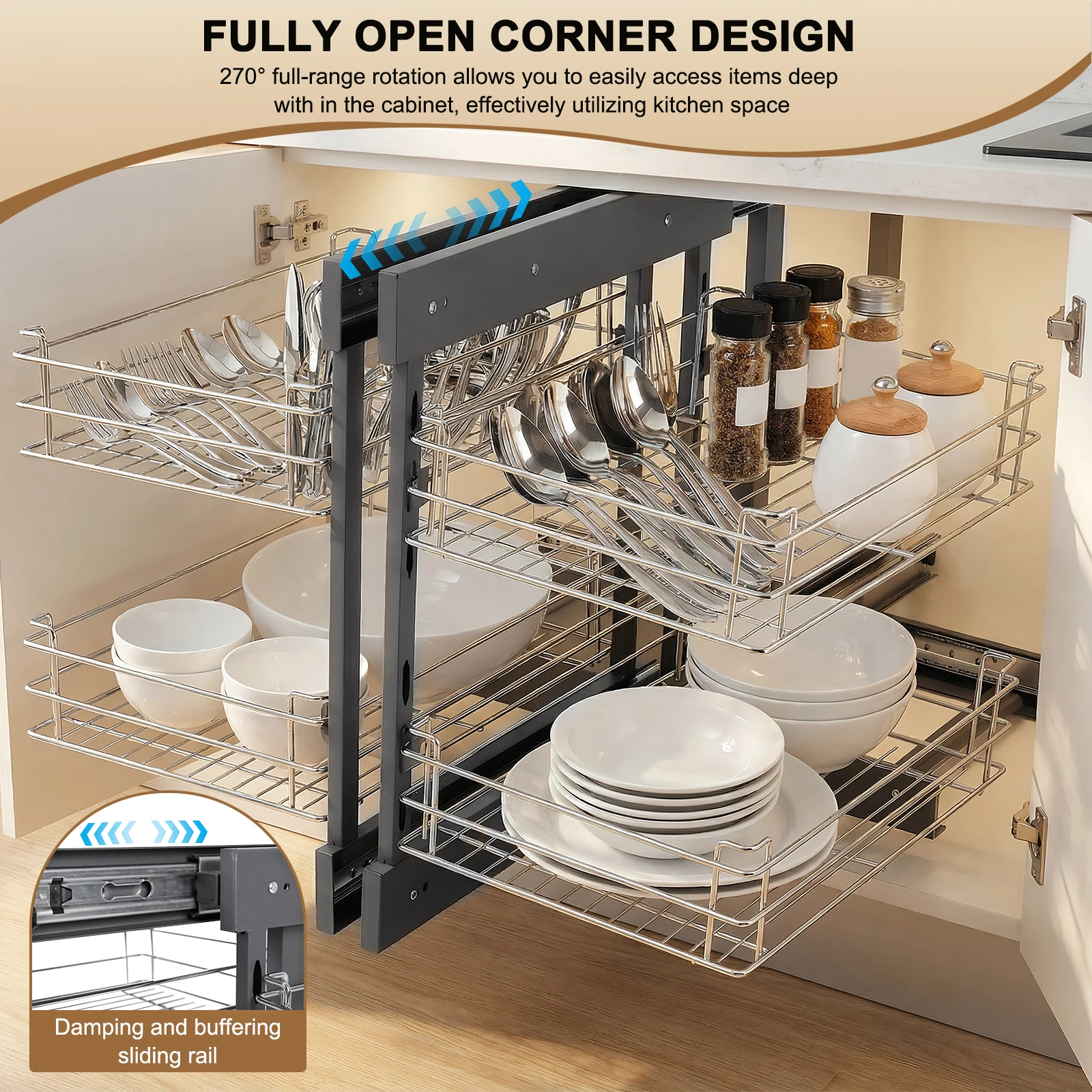 

Dual Tier Pull-Out Basket Left Open & Right Open Compatible Widen Cabinet Organizer for Blind Corner Kitchen Or Bathroom