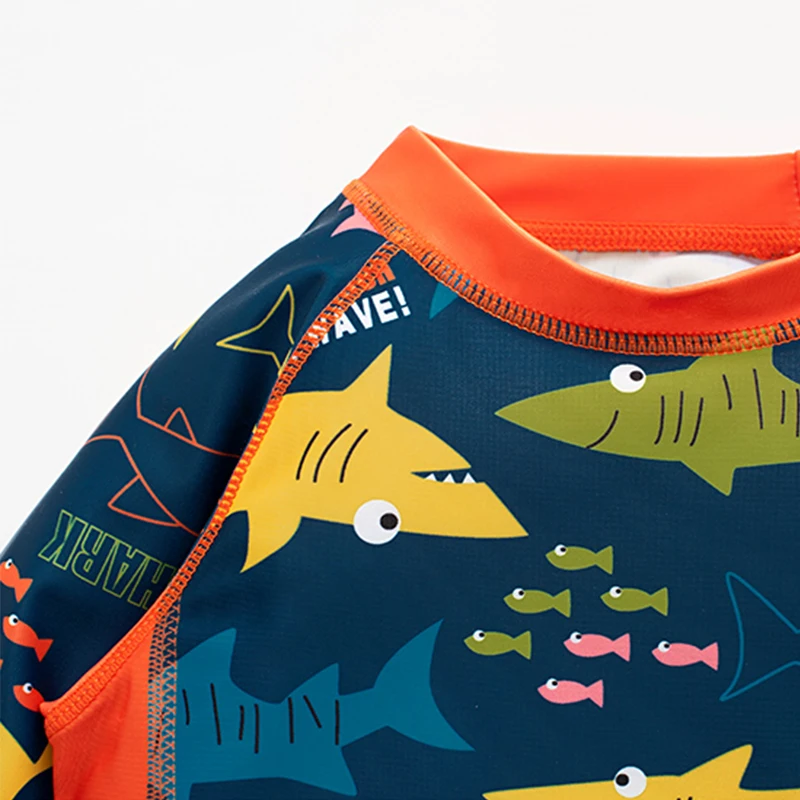 Baby Swimsuit Boy Shark Cartoon Pattern Printing 3 Piece Set Swimwear Sunscreen Drawstring Belt Trousers Long Sleeved Swimsuit