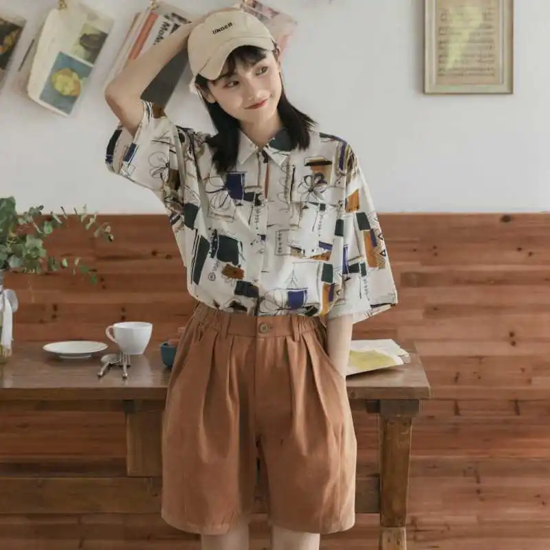 

Японская женская рубашка в стиле ретро с абстрактным принтом, свободного кроя, из полиэфирного волокна, А-силуэт, с коротким рукавом