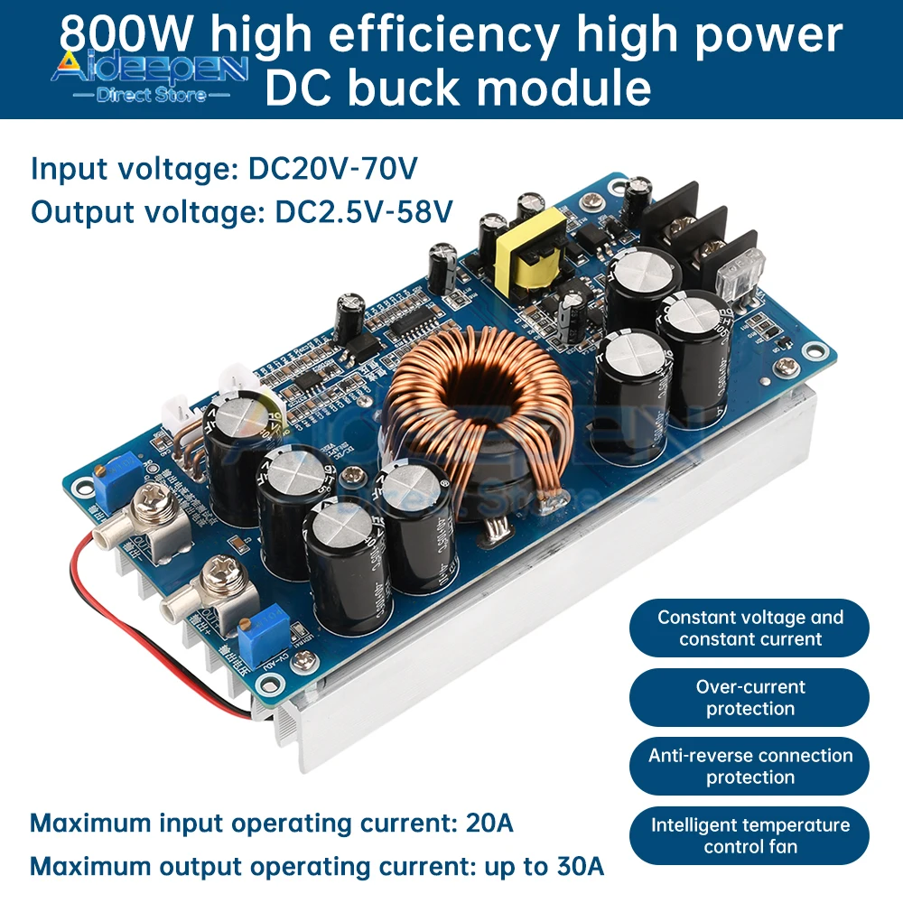 DC-DC 20V-70V to DC 2.5V-58V 30A 800W Adjustable Step Down Buck Converter Power Supply Constant Current Voltage Regulator Module