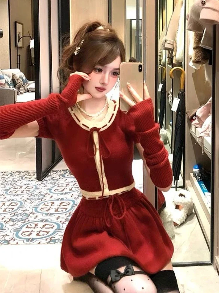 2023 Autumn Winter New Christmas Red Skirt Suit Women Casual Slim Blouse + Y2k Mini Skirt Sweet Fashion 2 Piece Skirt Set Female