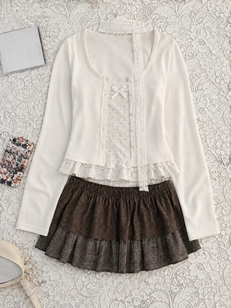 Female Y2k Korean Autumn 3 Piece Set Lace Polka Dot Ruffle Strapless Tank Top Casual Cardigan Mini Skirt Matching Outfit Suit