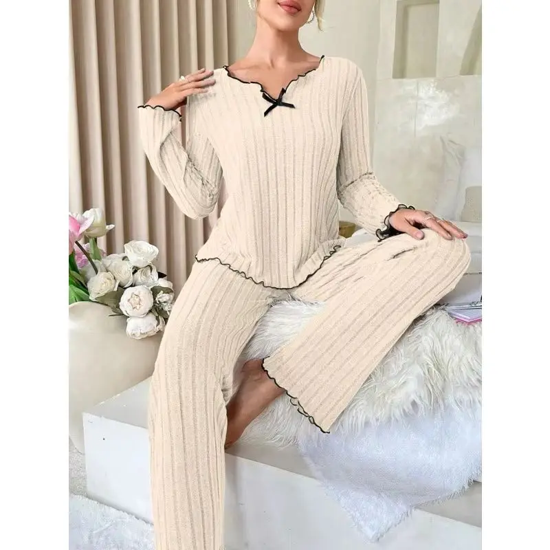 Bow Detail Womens Pajama Set, Ribbed Knit Loungewear with Black Trim & Textured Fabric, Casual 2 Piece Sleepwear for Fall Winter