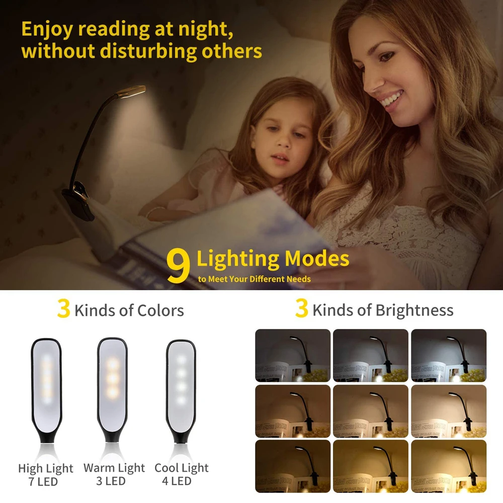 E2 LED Book Light USB Rechargeable Reading Light 3-Level Warm Cool White Daylight Portable Flexible Easy Clip Night Reading Lamp