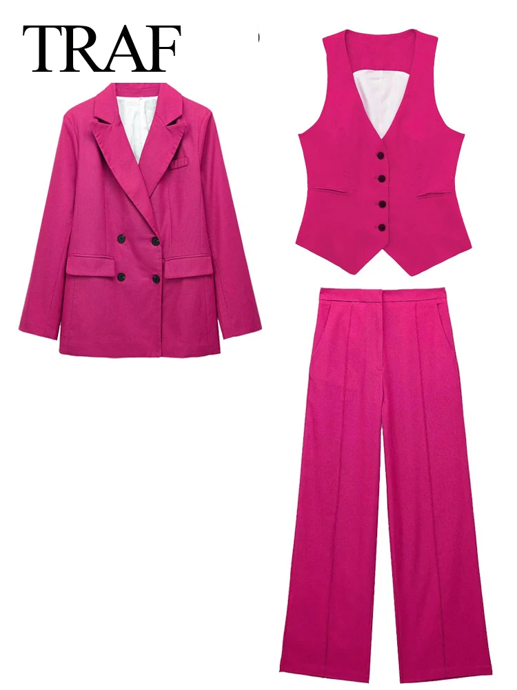 TRAF-Conjunto elegante de 3 piezas para mujer, Blazer de manga larga, pantalón holgado, chaleco de doble botonadura, trajes OL sólidos