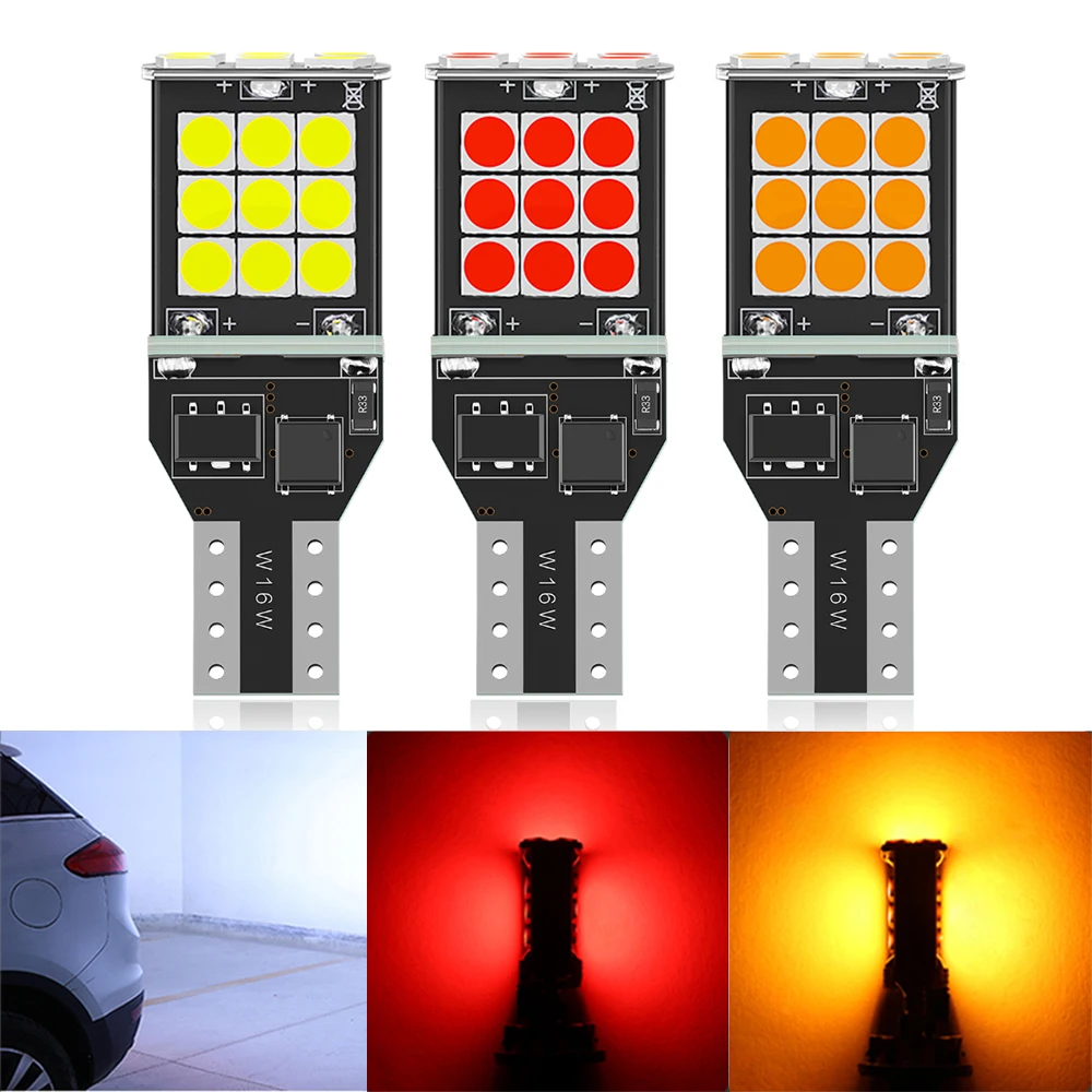 2pcs LED T15 W16W WY16W Car Lights Tail Signal Backup Reverse Lamp Stop Parking Bulb Canbus No Error 12V Diode White Red Yellow