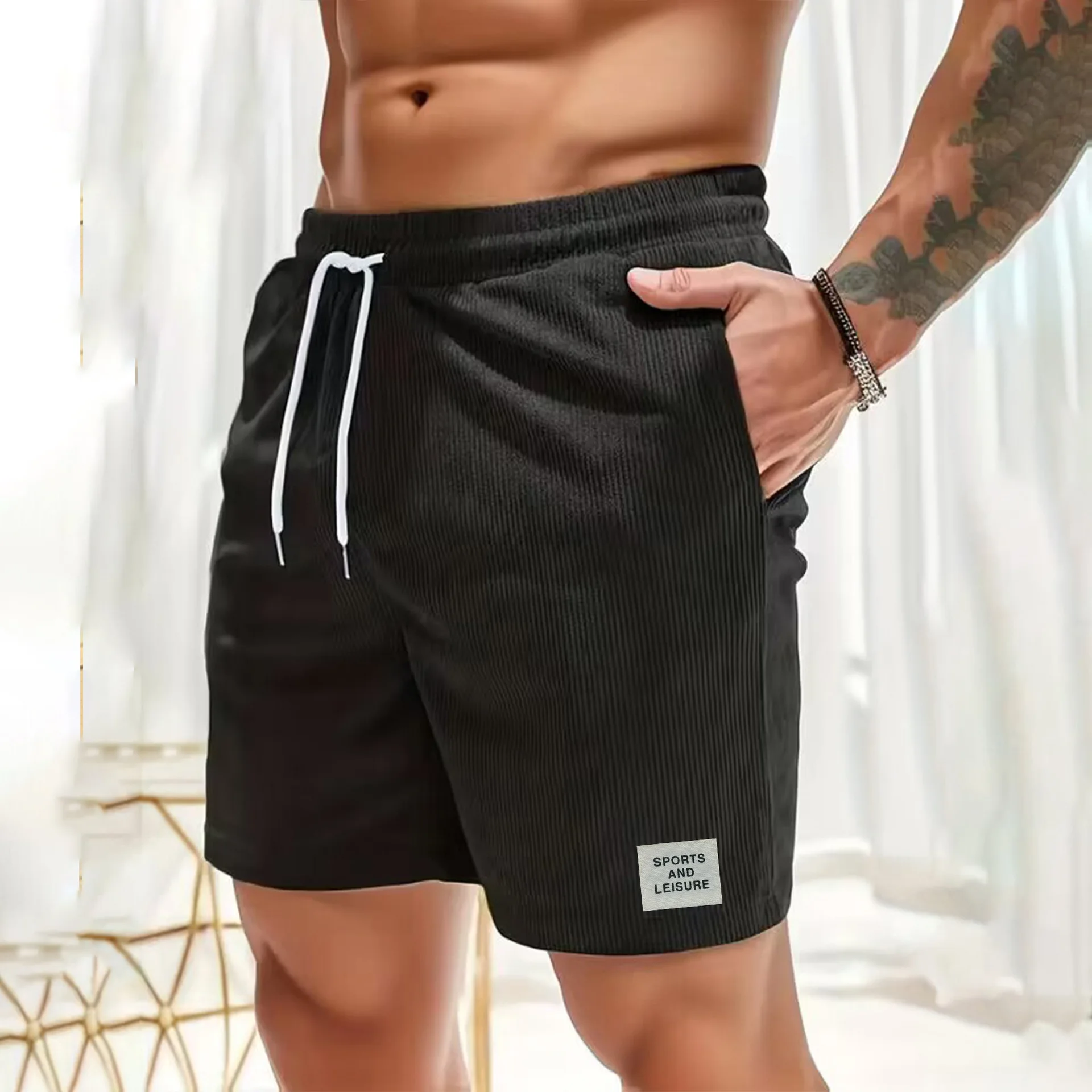 Summer New Solid Color Lace-up Sweatpants Corduroy Simple Five-quarter Shorts Men\'s Shorts Sports Casual Pants Skin Friendly