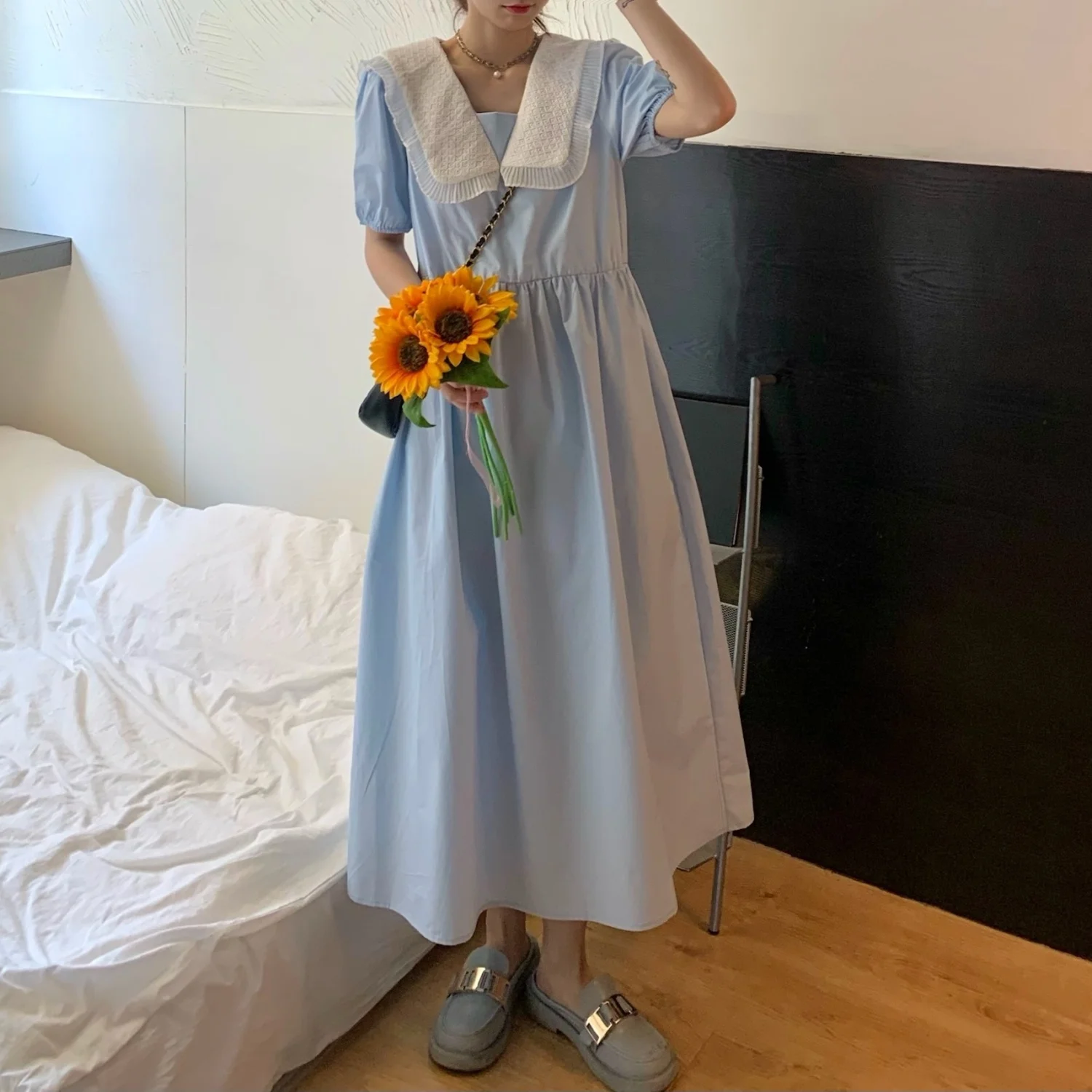 2024 New Style Summer New Korean Version with Belly Covering and Thin Fat Sister Fried Street Super Fairy Doll Neck Dress D205