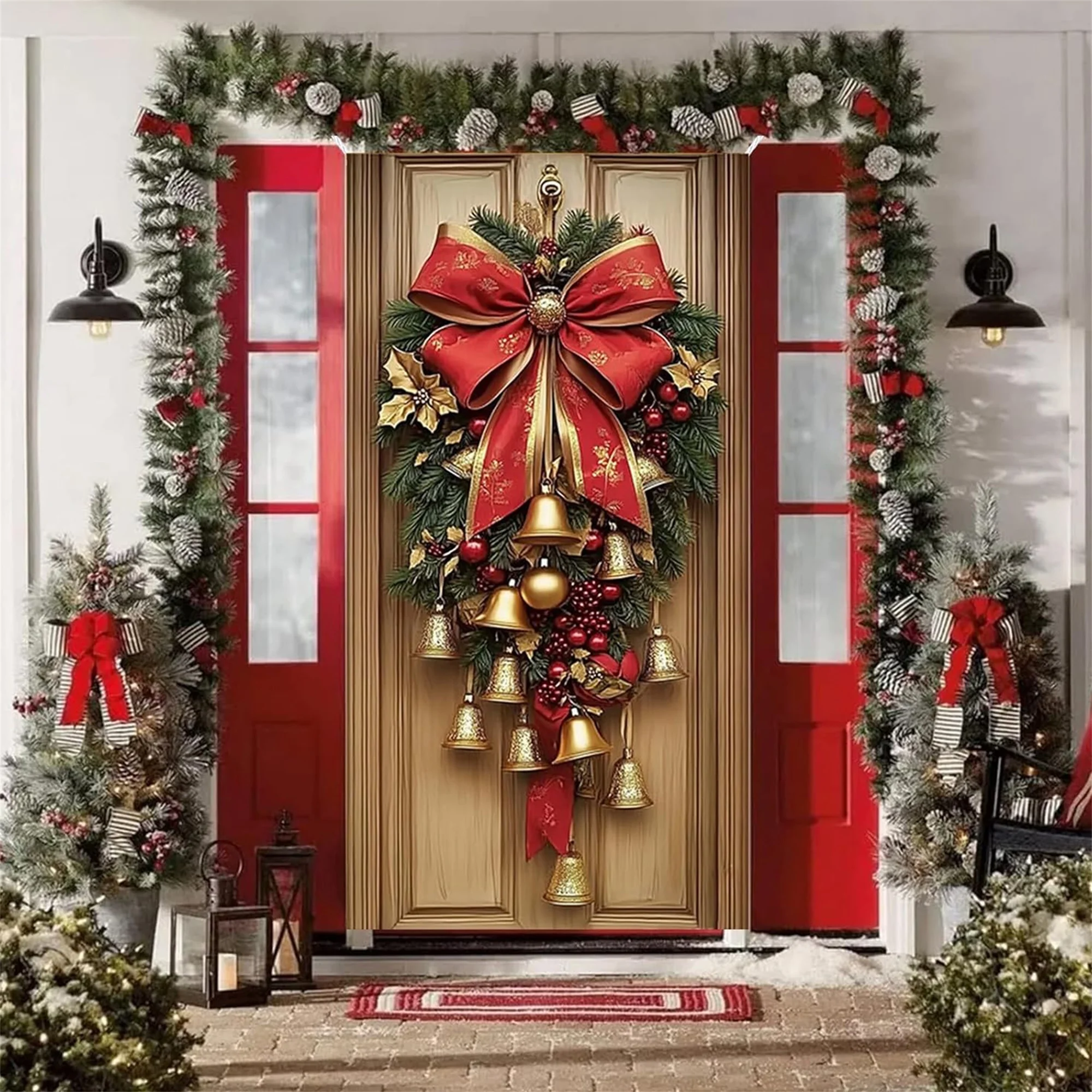 

Christmas Wreath with LED Lights and Pinecones for Front Door Decoration Festive Holiday Door Hanger with Bow and Bells
