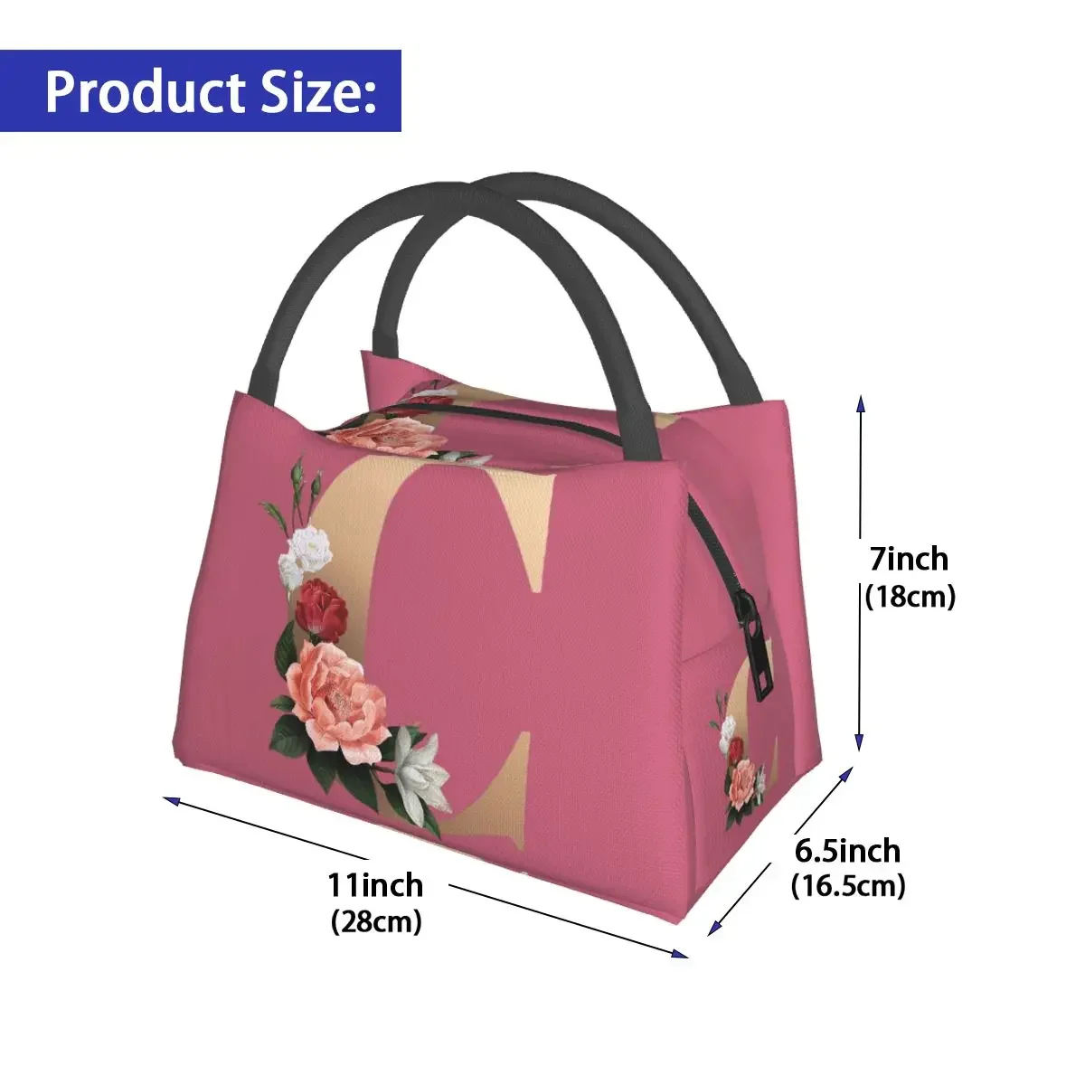 Gold Initials Letter Print Lunch Bag Floral Alphabet Outdoor Picnic Lunch Box For Women Thermal Tote Handbags Oxford Cooler Bag