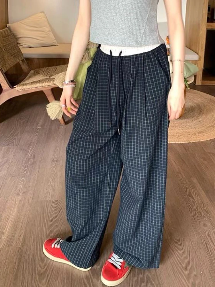 

HOUZHOU Y2k Patchwork Plaid Pants Women Casual Korean Style Baggy Harajuku Wide Leg Trousers Vintage Preppy Straight Sweatpants