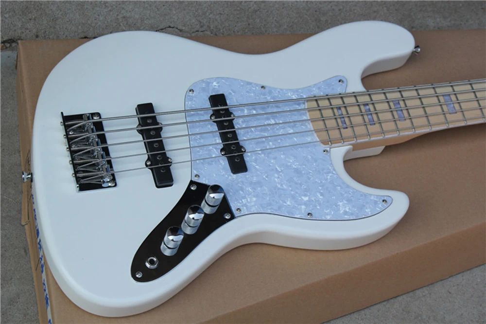 White 5 Strings Electric Bass Guitar with Maple Fretboard ,20 Frets,White Pearl Pickguard,Customizable