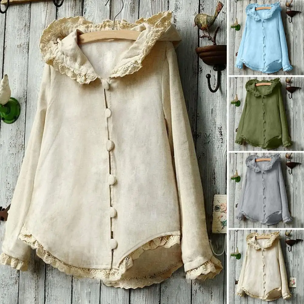 

Women Hoodie Solid Color Hooded Hat Flower Edge Single-breasted Patchwork Loose Buttons Vintage Autumn Blouse Women Clothing Top