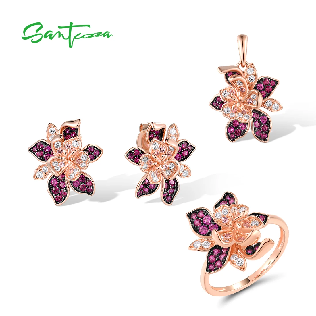 

SANTUZZA 925 Sterling Silver Jewelry Set For Women White CZ Created Pink Sapphire Flower Pendant Earrings Ring Fine Jewelry