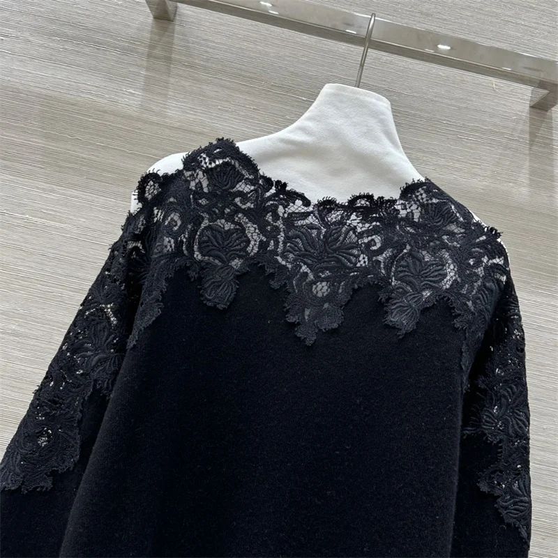 Damenpullover Neues elastisches Strickoberteil mit schmaler Passform und langen Ärmeln für den Herbst 2025. Spitzen-Patchwork-Pullover aus Kaschmirmischung