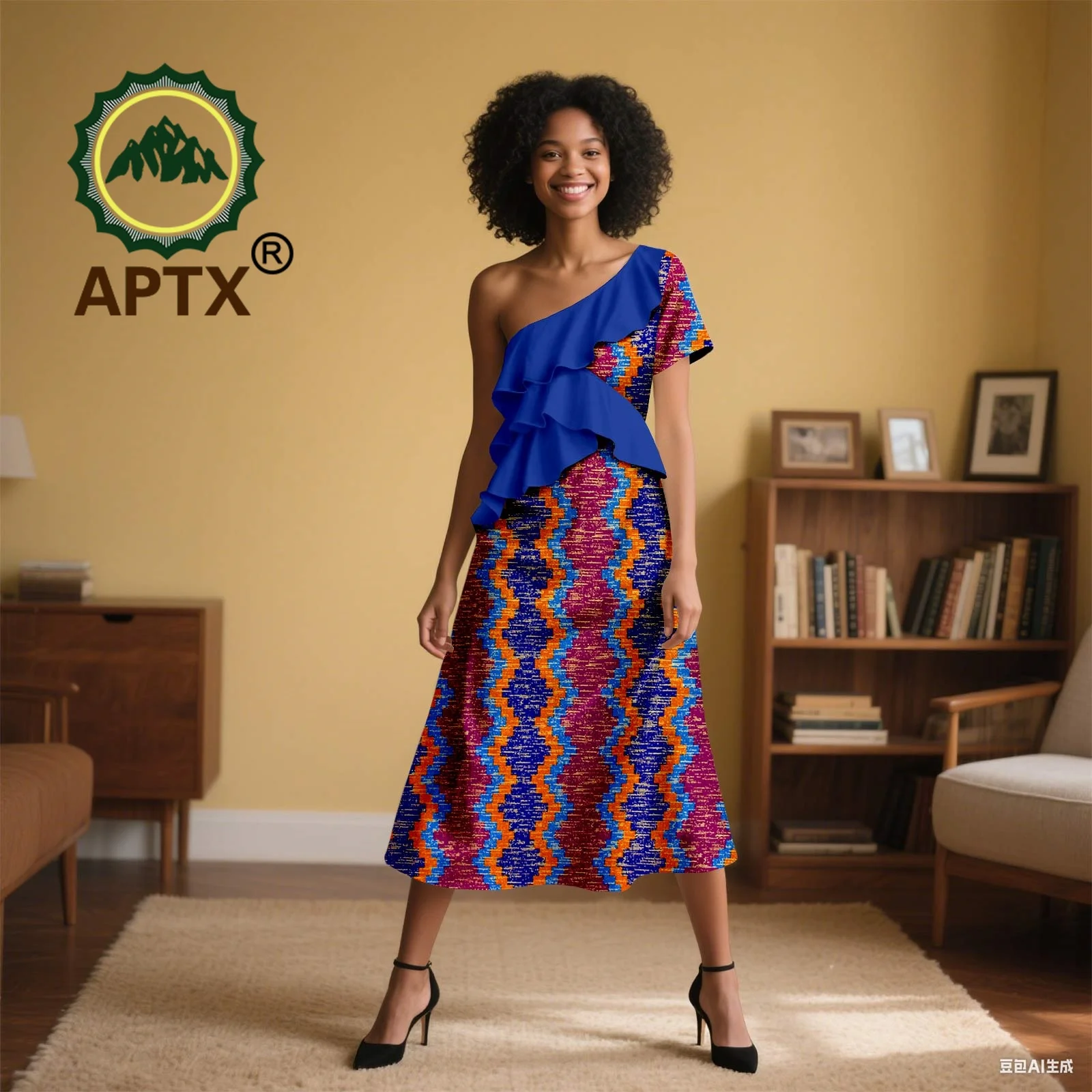 

African Dress for Women Ankara Print Skew Collar Short Sleeve Mid-Calf Dress Dashiki Elegant fashion Casual Party Dress