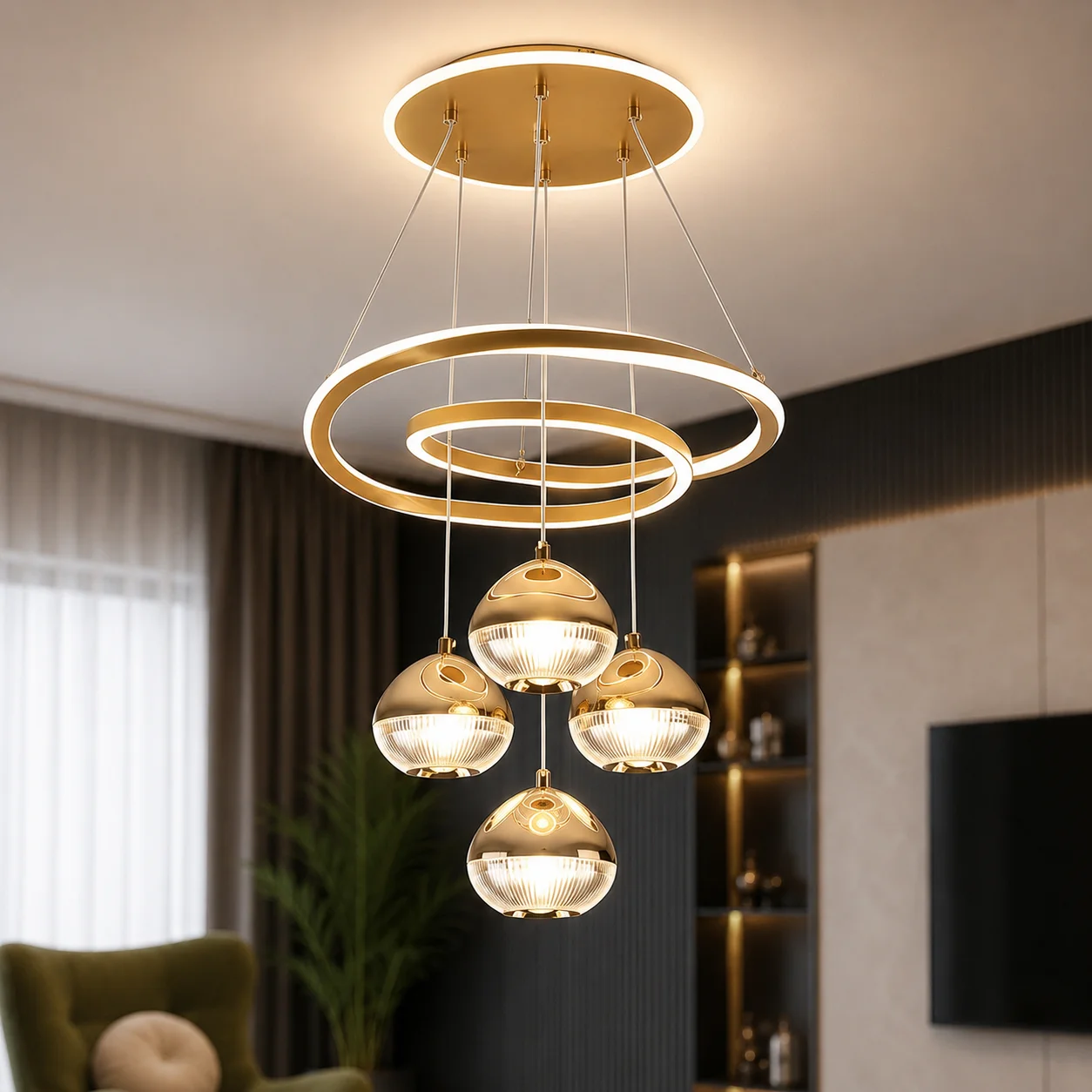 Modern Minimalist Pendant Chandelier, 4 Globe LED Hanging Lamp, 3 Color Changing Dimmable, Adjustable Suspension Cord Ceiling Li